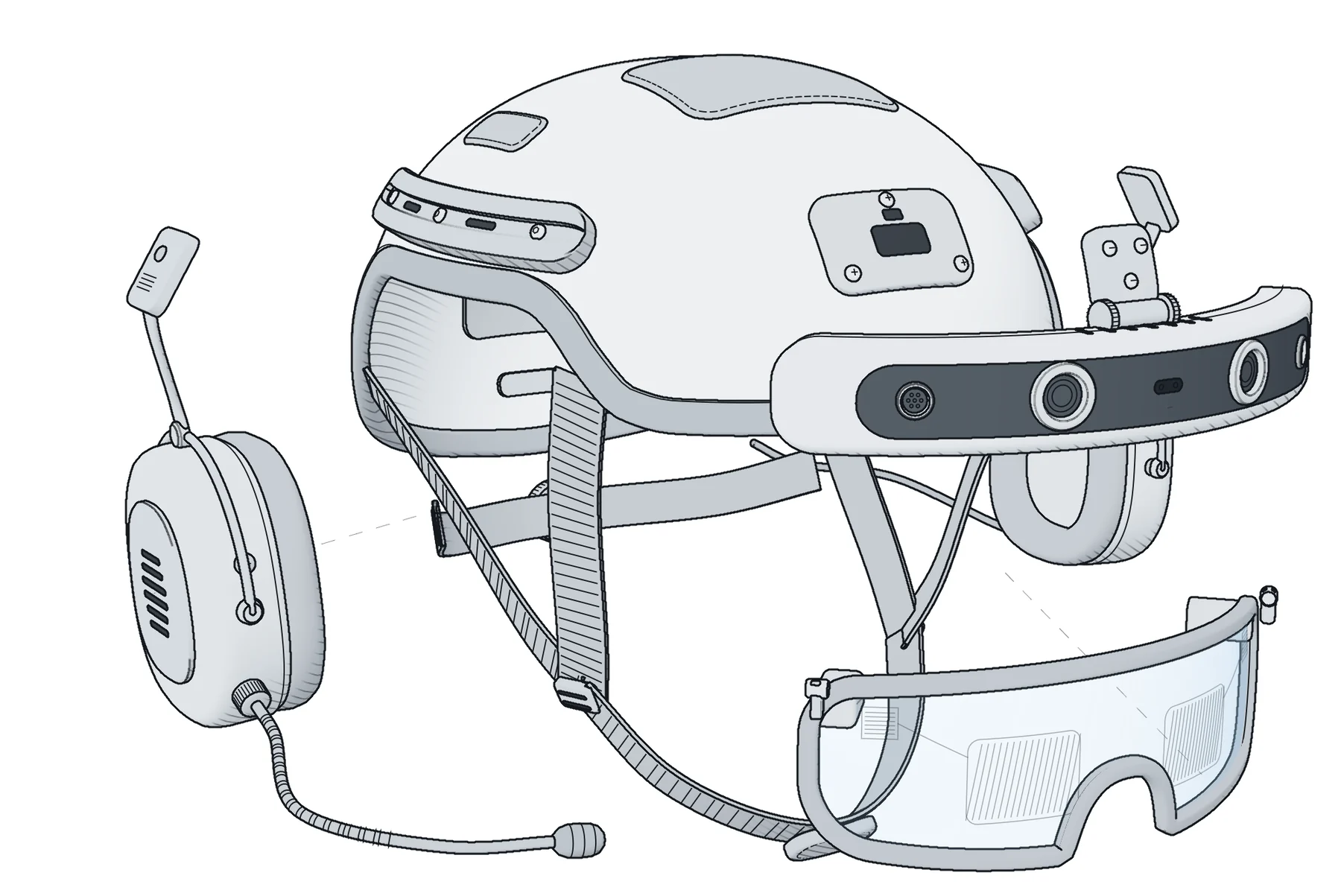 Exploded line drawing of the TRUE SIGHT field kit: a helmet with a forward stereo-camera bar, a see-through visor and a communications headset with a boom microphone.